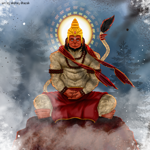 Meditating Hanuman with Peaceful Eyes (PRT_8597_67127) - Canvas Art Print - 36in X 36in