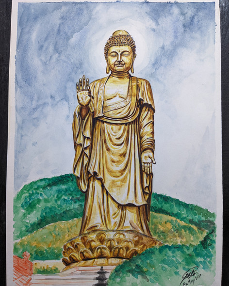 Grand Buddha (ART_8307_67080) - Handpainted Art Painting - 12in X 17in