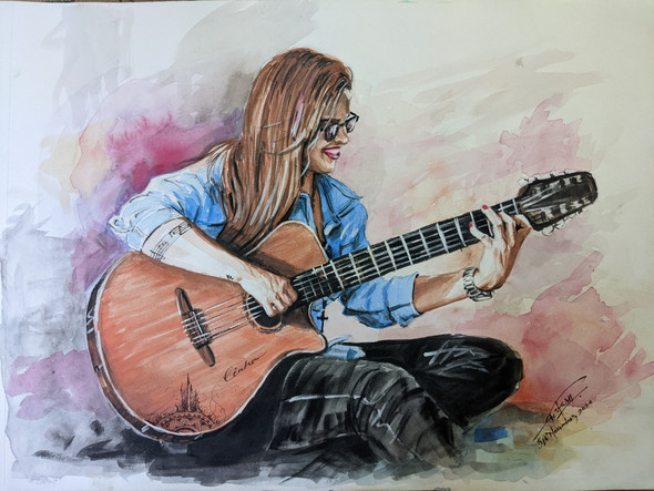 Acoustic singer (ART_8307_65246) - Handpainted Art Painting - 17in X 12in