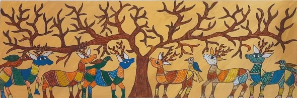 Gond Deer  3 (ART_2399_67287) - Handpainted Art Painting - 15in X 8in