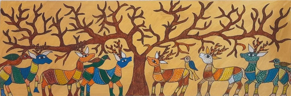 Gond Deer  3 (ART_2399_67287) - Handpainted Art Painting - 15in X 8in