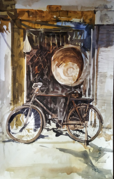 Old cycle outside house handmade watercolor print (PRT_7901_67009) - Canvas Art Print - 13in X 22in