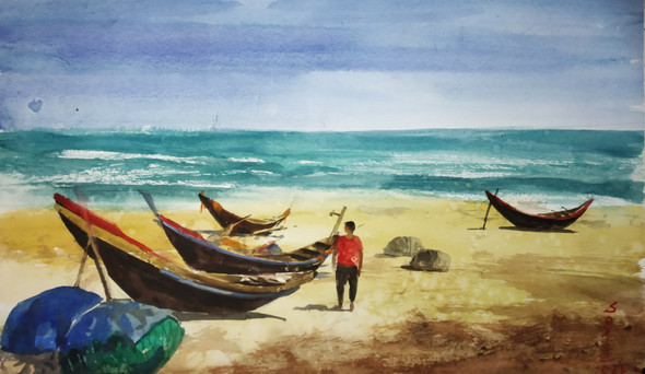 The man standing behind the boat at beach original watercolor print (PRT_7901_66663) - Canvas Art Print - 22in X 13in