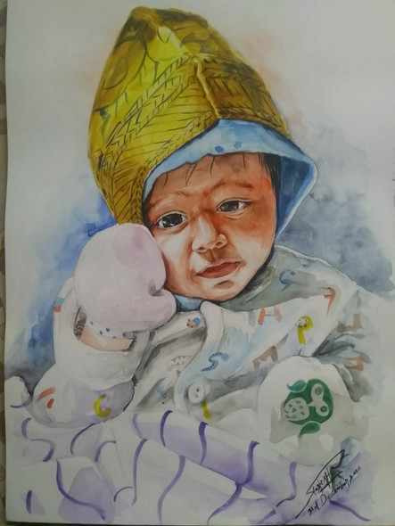 Aarvi - painting of a baby (ART_8307_60709) - Handpainted Art Painting - 12in X 17in