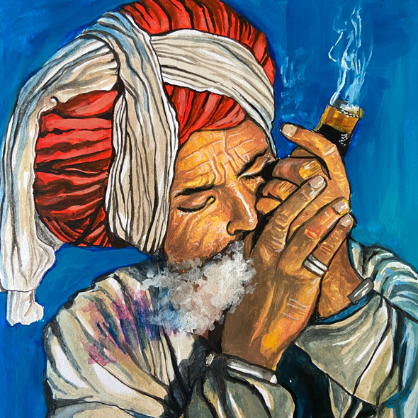 Old man with the chilam (ART_7283_67390) - Handpainted Art Painting - 7in X 7in