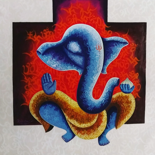 Ganesha-3 (ART_1230_49088) - Handpainted Art Painting - 36in X 32in