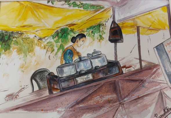 Tea Stall (ART_8378_67414) - Handpainted Art Painting - 16in X 12in