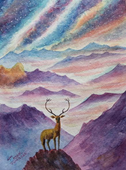 Antelope in Starlight (ART_8185_67420) - Handpainted Art Painting - 10in X 14in