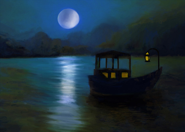 Boat Night Landscp (PRT_7809_67500) - Canvas Art Print - 20in X 14in