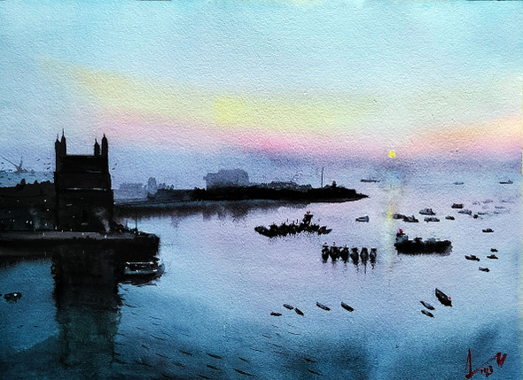 Sunrise at Gateway of India (ART_5950_67484) - Handpainted Art Painting - 14in X 11in