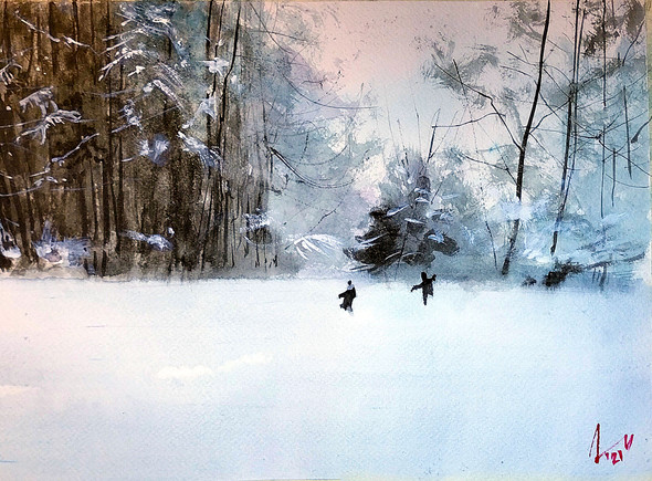 Girls dancing in Snow (ART_5950_67482) - Handpainted Art Painting - 14in X 11in