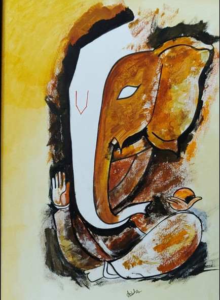 Lord Ganesha  (ART_8629_67985) - Handpainted Art Painting - 12in X 17in