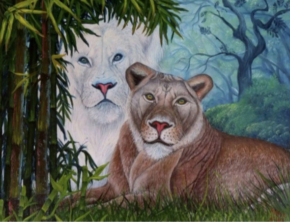 “Mystic Lioness With White Spirit Lion In Jungle Painting” (ART_8067_67903) - Handpainted Art Painting - 30in X 24in