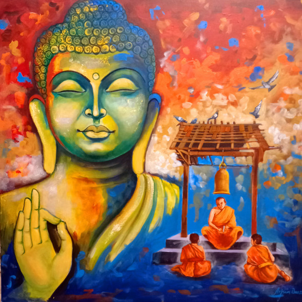 Devotion Of Buddha 10 (ART_82_67889) - Handpainted Art Painting - 36 in X 36in