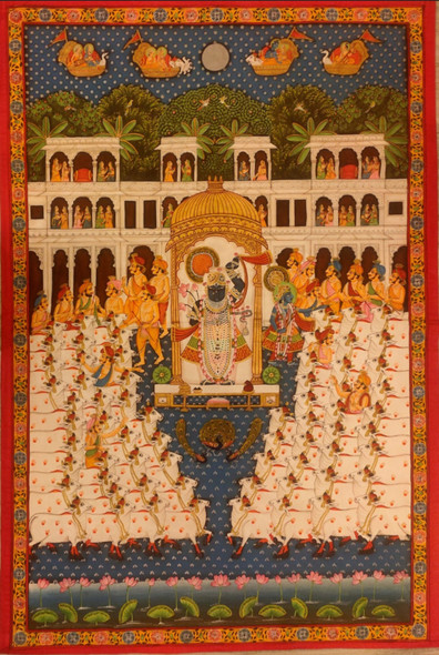 Shrinathi  Pichwai Painting With Holy Cow On Cotton (ART_7555_68063) - Handpainted Art Painting - 48in X 72in
