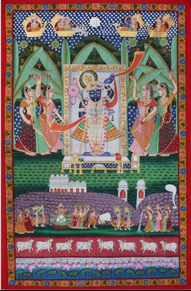 Shrinathji Pichwai Painting on cloth  (ART_7555_68048) - Handpainted Art Painting - 48in X 60in