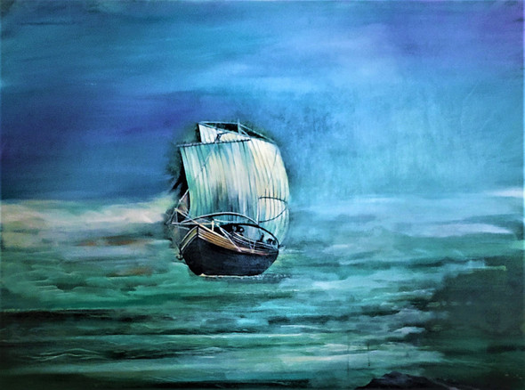 Boat in Deep Sea (ART_7433_68037) - Handpainted Art Painting - 48in X 36in