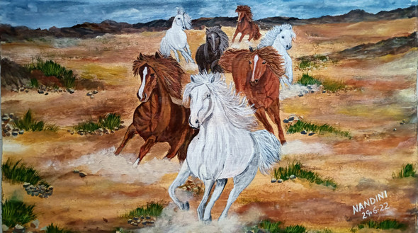 Seven Horses (ART_8657_68120) - Handpainted Art Painting - 27 in X 15in