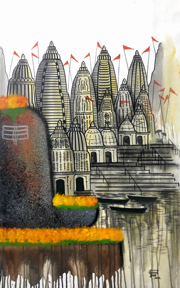 Varanasi  (ART_7129_68116) - Handpainted Art Painting - 20in X 32in