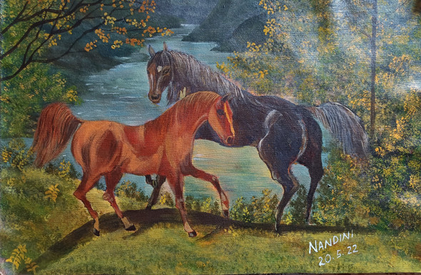 Horses in the forest  (ART_8657_68097) - Handpainted Art Painting - 24in X 16in