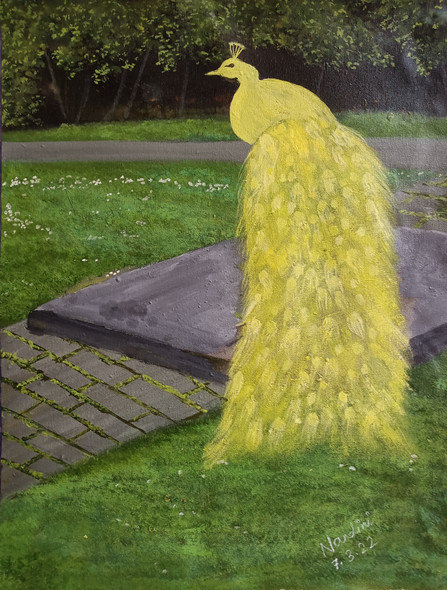 Yellow Peacock  (ART_8657_68093) - Handpainted Art Painting - 14in X 18in