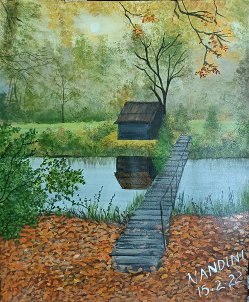 The Serenity - Forest cottage  (ART_8657_68091) - Handpainted Art Painting - 18in X 22in