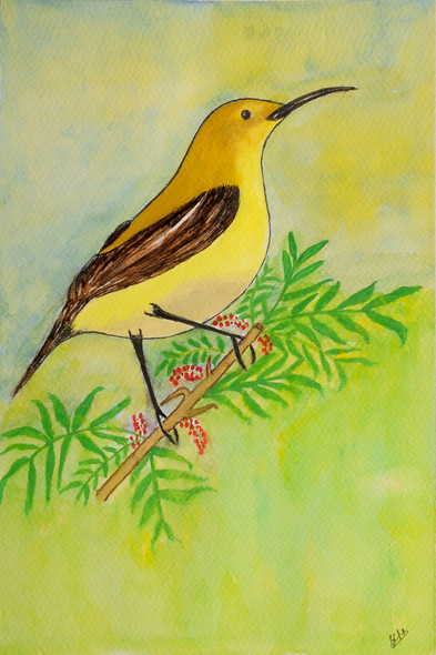 Little Bird In Bright Sunshine (ART_8632_68076) - Handpainted Art Painting - 8in X 11in