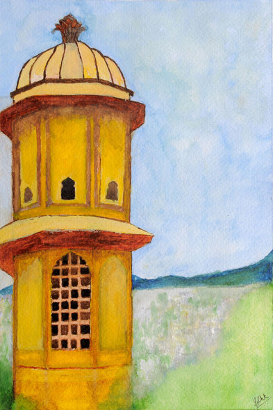 A Majestic Tower From A Fort In Rajasthan (ART_8632_67962) - Handpainted Art Painting - 8 in X 11in