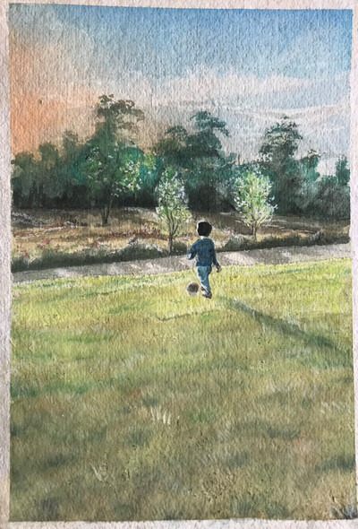 Boy playing in Natural lawn while sunset (ART_325_68192) - Handpainted Art Painting - 9in X 13in