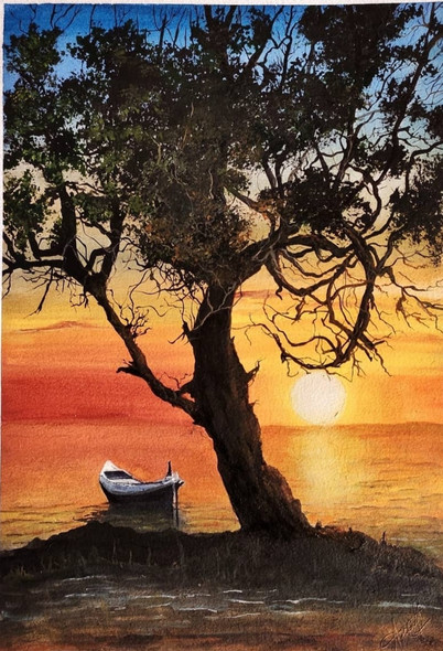 Magic at the Dusky Waters - Sunset (ART_7504_68191) - Handpainted Art Painting - 12in X 16in