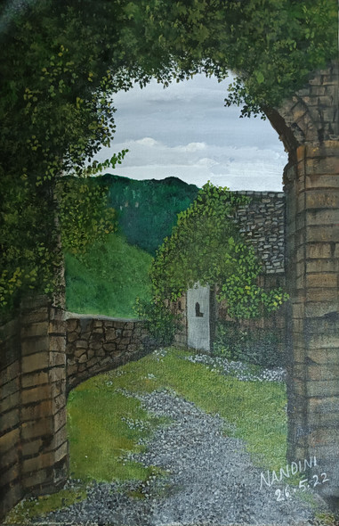 Cottage in the hills  (ART_8657_68203) - Handpainted Art Painting - 16in X 24in