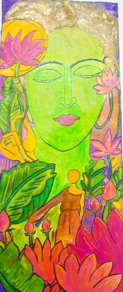 THE ENGLITHENED BUDDHA IN MEDITATIVE POSE (ART_8661_68132) - Handpainted Art Painting - 10in X 24in