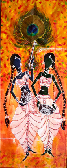 Krishna Love (ART_8665_68237) - Handpainted Art Painting - 15in X 32in
