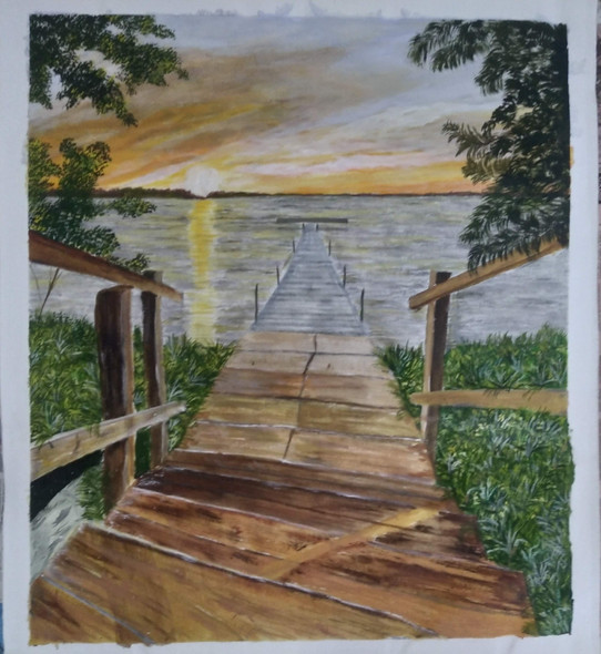 Sunset near the river  (ART_8657_68368) - Handpainted Art Painting - 20in X 17in