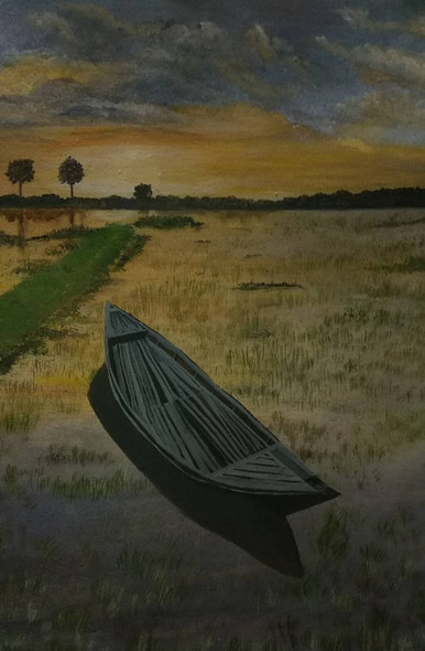 Boat in the sunset  (ART_8657_68361) - Handpainted Art Painting - 14in X 18in