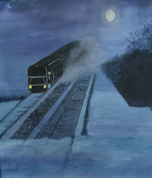 Train in the snowy moonlight  (ART_8657_68358) - Handpainted Art Painting - 18in X 20in