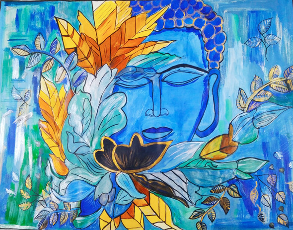 BLUE BUDDHA-AKSHOBAYA (ART_8661_68454) - Handpainted Art Painting - 23in X 18in