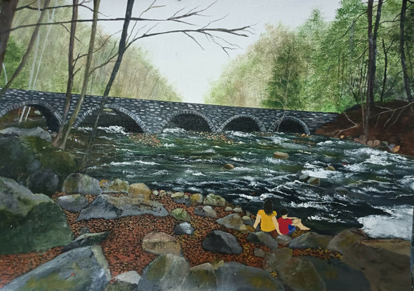 River down the bridge  (ART_8657_68393) - Handpainted Art Painting - 21in X 14in