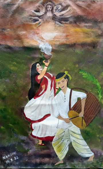 Dhunuchi Nach - Durga Puja  (ART_8657_68455) - Handpainted Art Painting - 18in X 27in