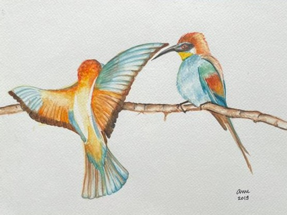 Birds in water colour (ART_8519_66117) - Handpainted Art Painting - 16in X 24in