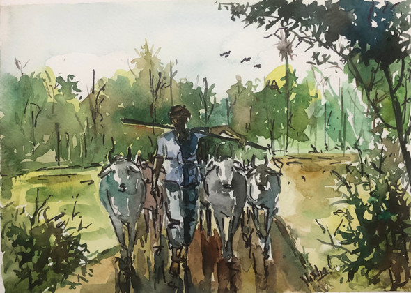 The Herdsman (ART_585_68540) - Handpainted Art Painting - 12 in X 8in