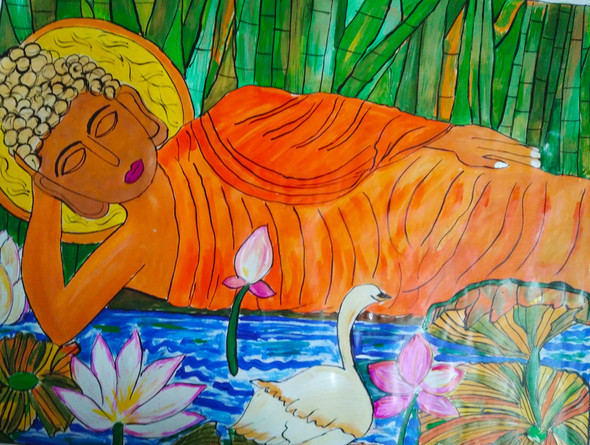 BUDDHA IN SLEEPING POSTURE (ART_8661_68523) - Handpainted Art Painting - 24in X 18in