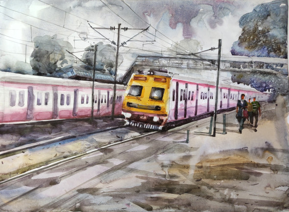 Local train kolkata (ART_8303_68575) - Handpainted Art Painting - 15in X 11in