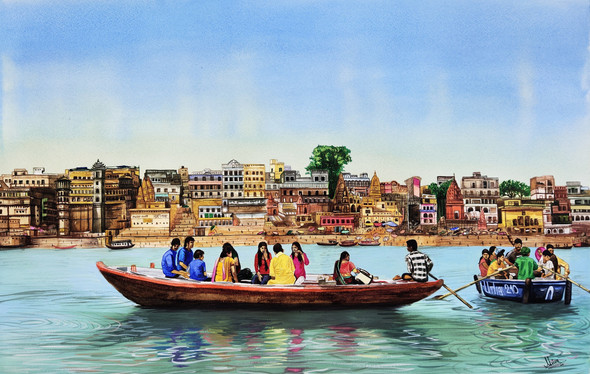 Varanasi (ART_329_68610) - Handpainted Art Painting - 23in X 15in