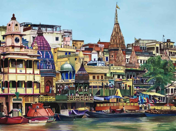 Varanasi (ART_329_68609) - Handpainted Art Painting - 27in X 20in