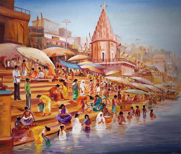 Busy Morning Ghats (ART_1232_68700) - Handpainted Art Painting - 36in X 30in