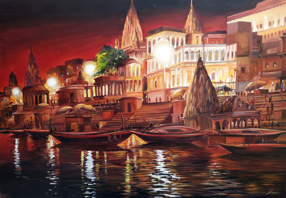 Silent Night Ghats At Varanasi (ART_1232_68696) - Handpainted Art Painting - 43in X 30in