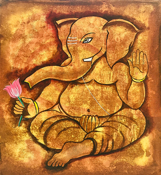 Ganesha Art For Living Room (ART_5557_45661) - Handpainted Art Painting - 21in X 23in