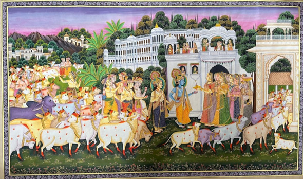Pichwai Painting of Lord Krishna and balram Indian Art Home (ART_7555_68737) - Handpainted Art Painting - 48in X 36in