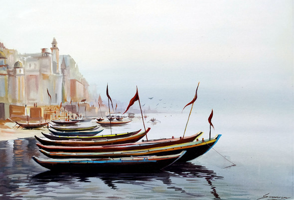 Winter Morning Varanasi Ghats (ART_1232_68710) - Handpainted Art Painting - 30in X 22in